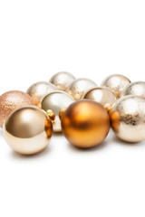 Group of Christmas baubles over white background