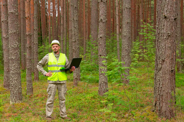 A forest engineer works in a forest with a computer. A man makes a computer taxation of a forest....