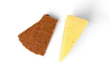 Crisp bread and cheese isolated on white background.