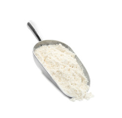 Organic flour in metal scoop isolated on white