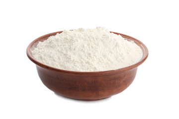 Organic flour in bowl isolated on white