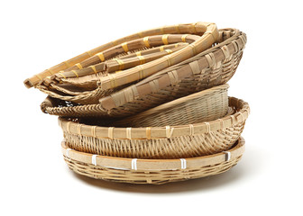 Bamboo basket hand made isolated on white background. Woven from bamboo tray.