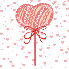 Vector background with red lollipop candy in the form of hearts on white background with little hearts. Love, romantic or valentine's day element. Print on paper, invitations, background