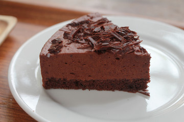 Chocolate mousse cake on the plate.