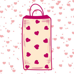 Beige gift paper bag with lilac little hearts. Doodle, cartoon style gift bag. Gift for February 14th. Love message. Love, romance, recognition. Valentine's card. Printing for cards, invitations