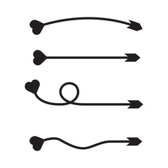 curved arrows heart tail, bow head vector set
