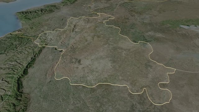 Idlib, province with its capital, zoomed and extruded on the satellite map of Syria in the conformal Stereographic projection. Animation 3D