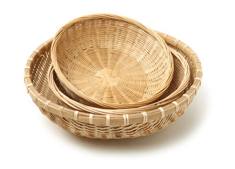 Bamboo basket hand made isolated on white background. Woven from bamboo tray.