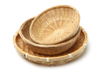 Bamboo basket hand made isolated on white background. Woven from bamboo tray.