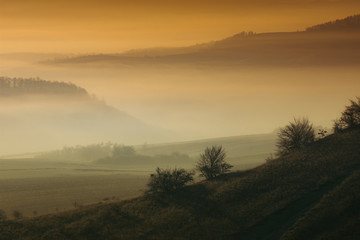 morning landscape with hills in fog, colorful sunset landscape