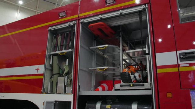 Fire truck equipment engine emergency rescue car push in out camera movement