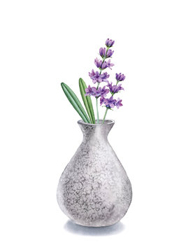 Watercolor vase with lavender flowers. Interior decotation of grey stone. Realistic illustration isolated on white background