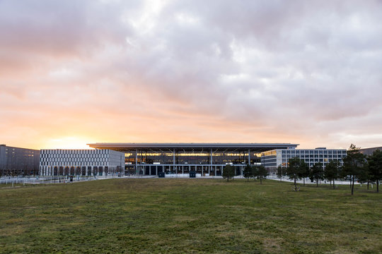  Passenger terminal Berlin Brandenburg airport in the sunset, Willy Brandt - international airport near the capital of Germany, Berlin  - BER - BERLIN / GERMANY - January  18, 2019