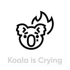 Koala is Crying on Fire vector icon. Editable line illustration