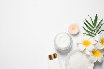 Fototapeta na wymiar Composition with bath salt on white background, top view. Spa treatment