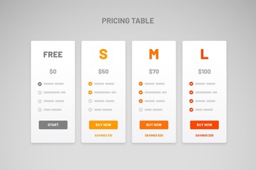 Pricing comparison table. Infographic design template for website or presentation.