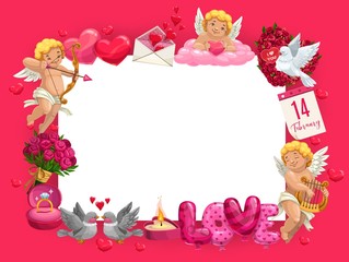 Valentines Day holiday love hearts and romantic gifts, vector frame. Rings, love letter envelope and balloons, rose flowers, calendar and candle, Cupids with arrows and bow