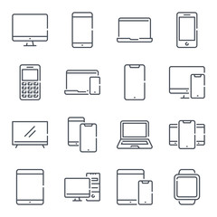 Electronic and devices related line icon set. Computers and mobile phones linear icons. Laptop, hardware and tablet outline vector sign collection.