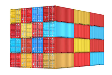 Stacks of colorful sea cargo containers at the docks as a concept of import, export and logistic. 3d rendering Illustration of a shipping contaners Isolated on white background.