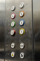 push buttons in an elevator for levels 0 to 7 with door opening and closing buttons © Riko Best