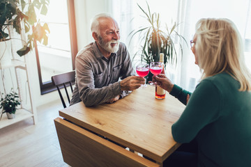 Senior couple at home drinking red wine