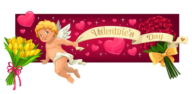 Valentine day vector banner with hearts, flowers and cupid angel holding greeting wish on paper scroll. 14 February Valentines love holiday hearts, red roses and tulips bunch with sparkling stars