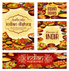 Indian cuisine food menu, authentic taste dishes and desserts. Vector Indian traditional lunch and dinner meals vegetables, meat and curry rice, soups and vegetarian salads in masala spices