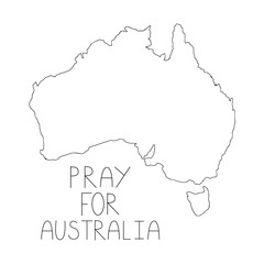 Silhouette of Australia, contour on a white background. Isolate Caption Pray for Australia. Pray for Sydney. Banner against fires. Doodle, cartoon vector illustration.
