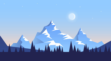 Night mountain winter landscape. Vector illustration. Minimalist style. Flat concept. Website template. UI design. 