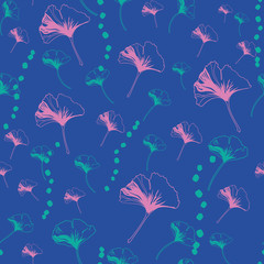 Vector seamless pattern ginko wax with pink ginkgo leaves, turquoise dots