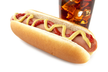 American hotdog with cola drink isolated on white