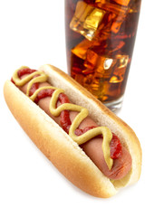 American hotdog with drink of coca-cola isolated on white