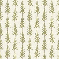 Vector Green Tree Forest on Textured Beige Background Seamless Repeat Pattern. Background for textile, book covers, manufacturing, wallpapers, print, gift wrap and scrapbooking.