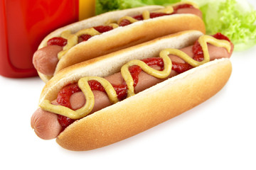 American hotdogs with salad isolated on white