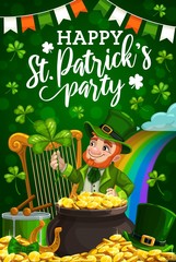 Patricks day party vector invitation with leprechaun, green shamrock and pot of gold. Irish holiday clover leaves, golden coins and horseshoe, celtic elf with red beard, rainbow and Ireland flag