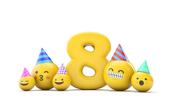 Number 8 emoji birthday party celebration. 3D Render