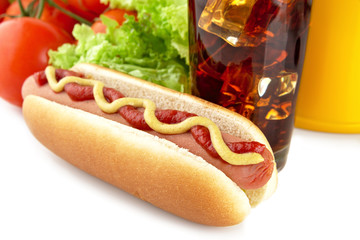American hotdog with drink of coca-cola,salad isolated on white