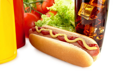 American hotdog with cola drink isolated on white