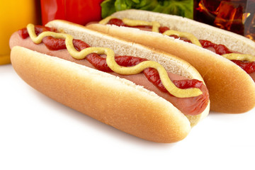 Hotdogs with cola drink on white background