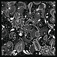 Black and white floral pattern.  Stock illustration. Doodle style.