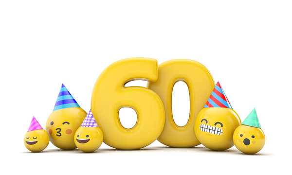 Number 60 emoji birthday party celebration. 3D Render