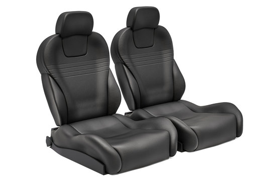 Two black leather bucket seats, car seats. 3D rendering