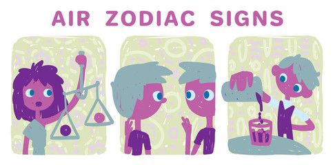 Funny zodiac signs. Colorful vector illustration of air group of zodiac signs in hand-drawn sketch style isolated on white background. Zodiacal characters. Print design, prediction, horoscope.