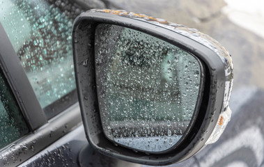 rear view mirror with rain drops