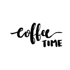 Coffee time phrase banner modern calligraphy lettering handwritten black text isolated on white background vector. Each word is on the separate layer