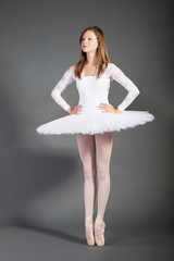 Young female ballet dancer tiptoeing against grey background © MDBPIXS