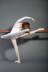 Young female ballet dancer stretching at ballet bar over grey background © MDBPIXS