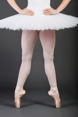 Low section of young female ballet dancer wearing white tutu and ballet slippers