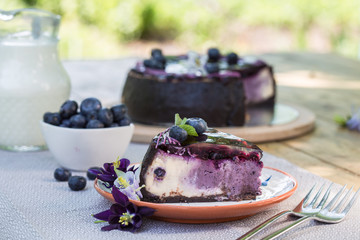 Slice of Blueberry flavour cheesecake swirled with blueberry sauce on a  biscuit crumb, bakery. Delicious slice of blueberries cheesecake with  jam and green mint.  Sweet and tasty food, coffee break 