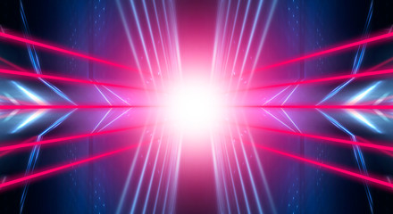 Fototapeta premium Modern abstract neon background. Blue and pink neon light, rays, lines, abstract light. Empty background, scene, poster. Light tunnel.